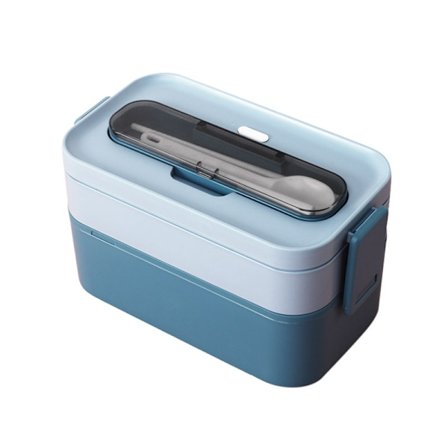 Bento frokostboks sæt (blå), 1600 ml frokostboks med bestik - 19,5 cm lang × 11,5 cm bred × 11,5 cm høj, lækagesikker Bento-boks til picnic, arbejde, 