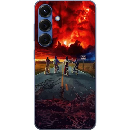 Yhteensopiva Puhelinkuori Samsung Galaxy S25+ Stranger Things -inspiroima tiedeplasti juliste, jossa on pyöräileviä lapsia, dramaattinen taivas ja tum