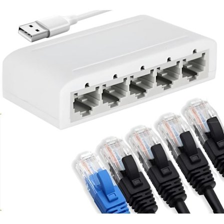 ETHERNET-JAKAJAA, Internet-jakaja, verkkokytkin, CAT6, RJ45, 100 mbps, USB-virta, 5-porttinen LAN-kytkin lisää Ethernet-portteja