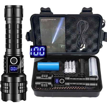 Ultra Kraftig LED Lommelygte, 600.000 Lumen, Ultra Lys XHP70.2 Lommelygte, IPX67 Vandtæt, Type-C Genopladelig, Zoombar, 5 Lysindstillinger (wi