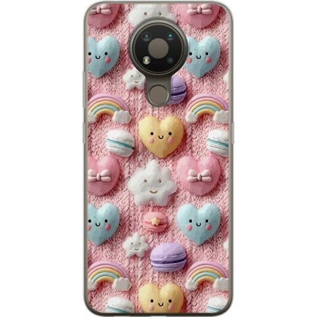 Yhteensopiva Puhelinkuori Nokia 3.4 Pastellimotiiivi sydämillä, pilvillä, sateenkaarilla ja makaronseilla vaaleanpunaisella taustalla suloisessa uneno