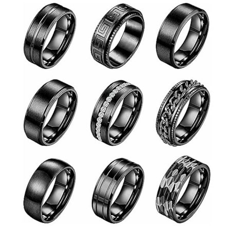 9-delt sæt 8mm titanium stål mænds og kvinders kæde ring enkel børstet bryllup forlovelsesring sæt sort 9-delt sæt nr. 8
