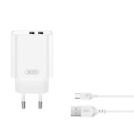 XO Vægoplader med 2xUSB 2.4A + USB til USB-C-kabel - Hvid