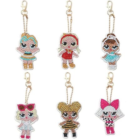 Girls Doll Diamond Keychain 6 stykker Doll Diamond Art nøgleringe 5D Mosaik Mal efter tal Kunst Håndværk Nøgle Kæde Vedhæng til børn og voksne 