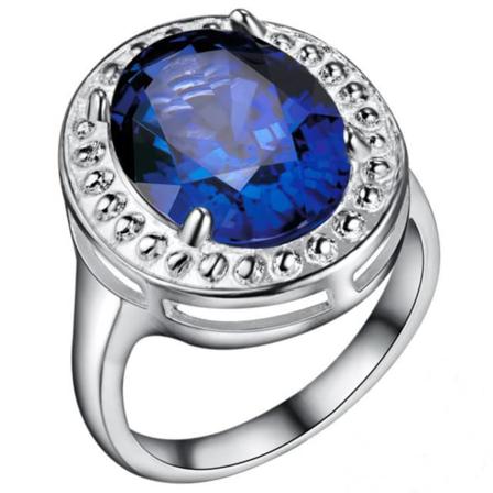 Silver Ring - Oval Blå Cz Kristall & Fint Mönster - Stl 18,9 Blå