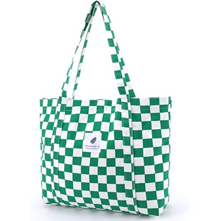 Rutiga canvas tote väska (grön 52*20*32cm) dam mjuk tote,