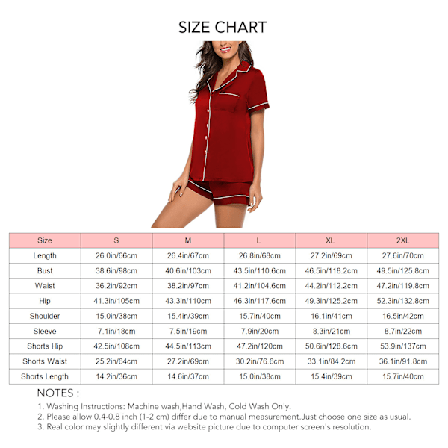 Todelt Silke Pyjamas Sæt Kortærmet Top med Shorts Hak Krave Knap Ned Nat Tøj Loungewear til Kvinder Vinrød M