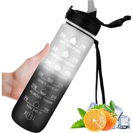 Svart 1-liters sportvattenflaska med sugrör och tidstämpel