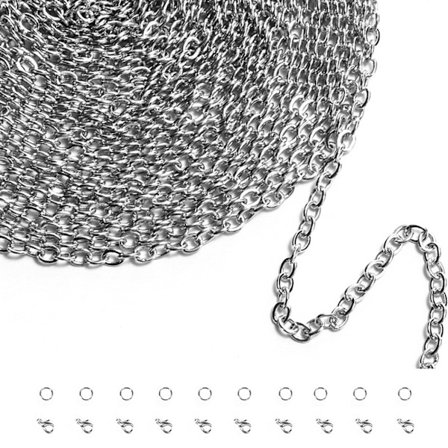 5m Rustfritt Stål DIY Lenkekjede med 30 Karabinkroker og 30 Hoppringer for Smykkefremstilling, 1.5mm