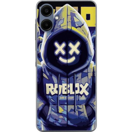 Kompatibelt Mobildeksel til Samsung Samsung Galaxy A06 Blågul Roblox hettegenserfigur med minimalistisk neonstil og masket ansikt, moderne spillillus
