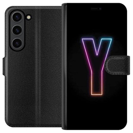 Kompatibelt Plånboksfodral till Samsung Samsung Galaxy S24+ Minimalistisk neonbokstav Y i färgskiftande ljus mot svart bakgrund