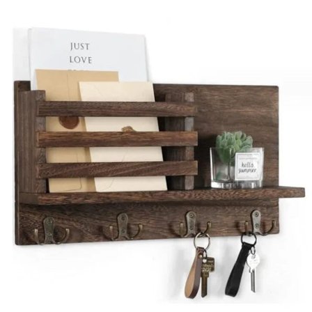 Veggnøkkelholder med hylle og store kroker Brun