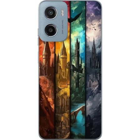 Kompatibel Mobilcover til Motorola Motorola Moto E15 Fire magiske slotte i forskellige elementfarver, episk fantasykunst med ild vand luft og mørke i