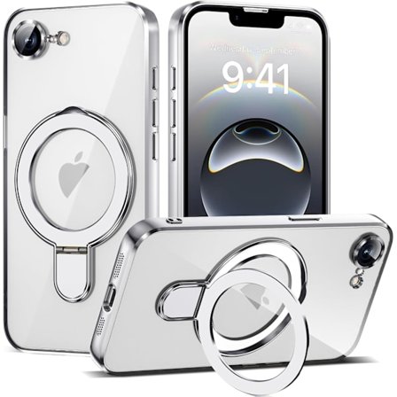 Kompatibelt med iPhone 16e Skal med Magnetisk Ringstativ [Kompatibelt med Mag-Safe] [Fullständigt Kameralinsskydd] Pläterad Klar Telefon