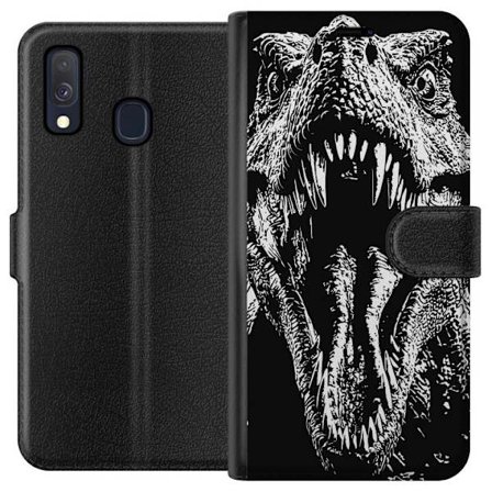 Yhteensopiva Lompakkokotelo Samsung Galaxy A40 Dinosaurus T-Rex ärjyvä hirviö eeppinen mustavalkoinen yksityiskohta kauhu dinosaurus julma karjahdus m