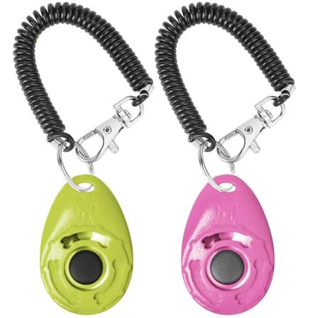 2-pakke hundetreningsklikker med håndleddsstropp (rosa og grønn)