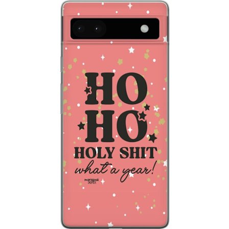 Kompatibelt Mobilskal till Google Google Pixel 6a HO HO Holy Shit What a Year humorsitiskt rosa julmotiv med glitterstjärnor perfekt för trendiga oc