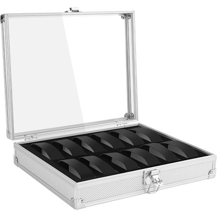 Urboks med 12 Slots Urvisning Opbevaringskasse Aluminium Urkasse med Aftagelig Urpude Visningslåg Fløjlforing