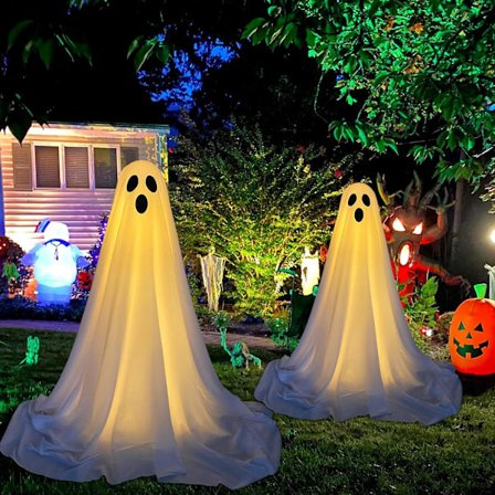 2-pack Halloween-koristeet ulkona, pelottavat aave-Halloween-koristeet valosarjoilla paristokäyttöiset, aavekoristeet kuistille ja puutarhaan