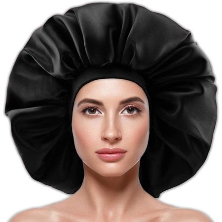 Suuri silkkinen satiinihuppari leveällä kuminauhalla, pehmeä cap cover Big Hius -päällinen Naisten kiharat luonnolliset pitkät hiukset (musta)