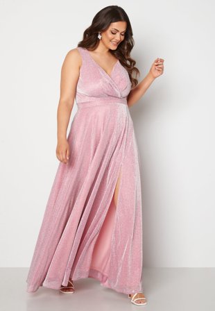 Goddiva Curve - Glitter Wrap Front Maxi Curve Dress With Split - Pink