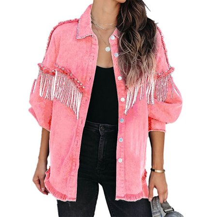 Ledig jeansjacka med fransar för kvinnor Rosa Rosa