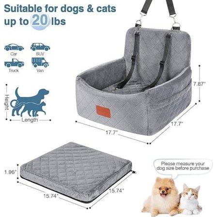 Lollanda Hundbilsstol, Bilstol för Hund / Katt, Hundbädd för Bil för Små Hundar under 30 kg, Memory Foam, Tvättbart Överdrag