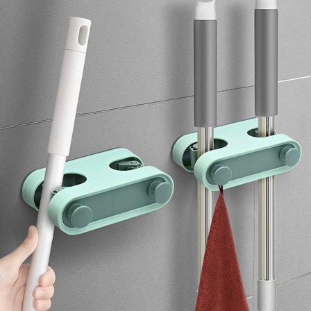 2 stk. Grøn vægmonteret kosteskaftholder, selvklæbende vægmonteret