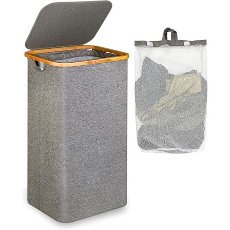 110 liters vaskekurv med nettinglomme og lokk (grå), bambushåndtak, XXL sammenleggbar vaskekurv