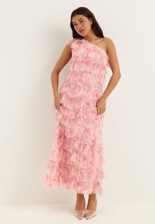 Bubbleroom Occasion - Frill Mesh Maxi Dress - Light pink/Floral