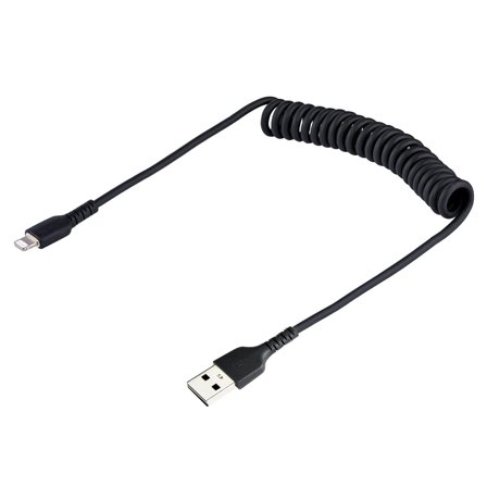 StarTech 50cm (20in) USB to Lightning Cable, MFi Certified, Coiled iPhone Charger Cable, Black, Durable and Flexible TPE Jacket Aramid Fiber, Heavy