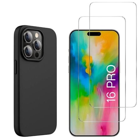 Svart skal till iPhone 16 PRO och 2 härdat skärmskydd Phonillico