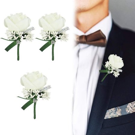 3 stk. Corsage Bryllup Mænd Hvid Blomst Corsage Tilbehør Kunstige Blomster med Nåle til Fest Bryllup Kostume Fødselsdagsdekoration