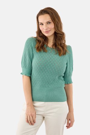 JENSEN - Kortærmet Strik - Grøn - Hulmønster