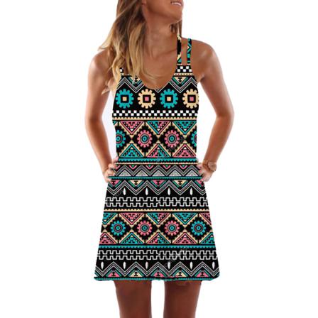 Summer Vintage Print Dress Dam Slida Camisole Elegant Sleeve