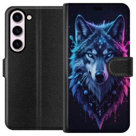 Kompatibelt Lommeboketui til Samsung Galaxy S23 Mystisk Ulveportrett i Neonblått og Lilla Glød