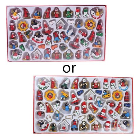 Sæt med 48 Mini Juletræsornamenter i Træ Julepynt Figurer Små Hængende Vintage Miniaturedekorationer