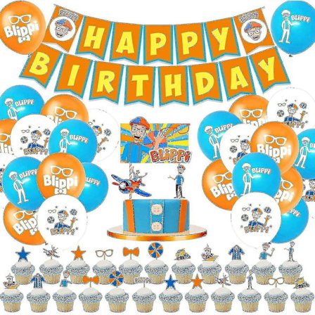 Födelsedagsfesttillbehör 68 delar set inklusive 1 förpackning Blippi Grattis på födelsedagen banderoll, 24 st latexballonger