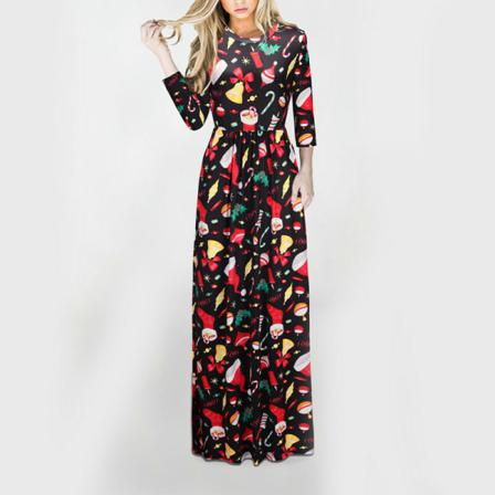 Kvinnor Långärmad Crew Neck Xmas Long Dress Swing Maxiklänningar