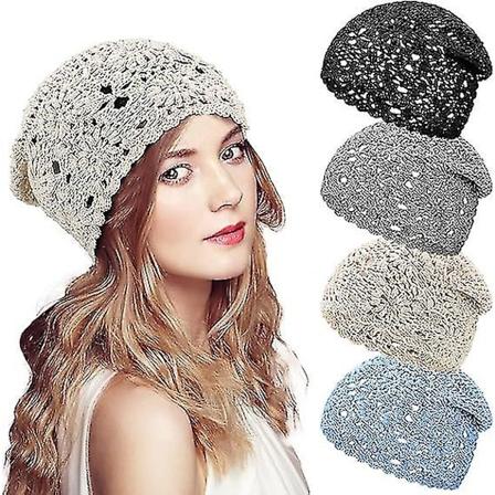 4 stk Heklet Slouchy Beanie Hat Håndlaget Strikket Blomster Hodeskalle Lue Bomull Utskåret Sommer Hatter For Kvinner Lett Strikket