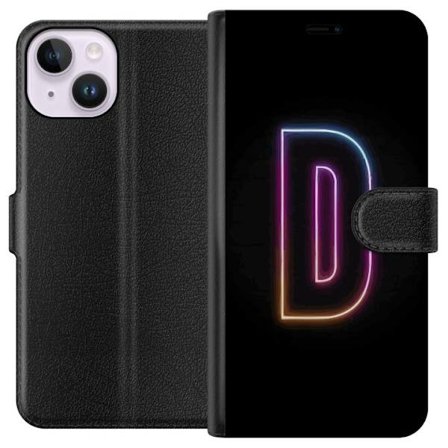 Kompatibel Tegnebogsetui til Apple Apple iPhone 15 Minimalistisk neonbogstav D i farveskiftende lys mod sort baggrund i moderne digital design