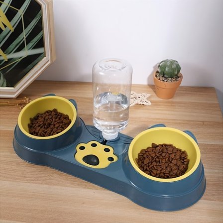 1 stk. Foderskål til kæledyr med hældende design, to skåle, tre-i-en kattefodersæt, snacks og vand på én gang, 15° hældende nakkebeskytter, 