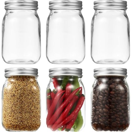 QU*Sæt med 6 Mason Jars, 500 ml glasburkar med låg, lufttætte glasburkar med låg, perfekt til hjemmelavet syltetøj, pickles, havre over natten