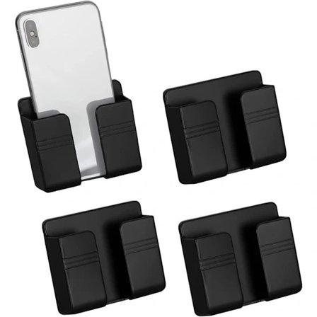 4 st Väggmonterade Telefonhållare med Lim, Laddningsställ med Hål för Datakabel, Multifunktionell Förvaringslåda för Sängbord