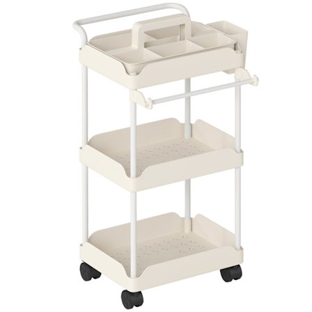 Opbevaringsvogn med 3 kurve, håndklædeholder, hjul, hvid
