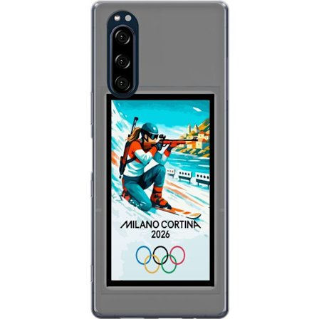 Kompatibelt Mobildeksel til Sony Xperia 5 Retroplakat Cortina Milano 2026 med fjell, vintersportsutøvere, italienske trikolor, Milano-katedralen og ol