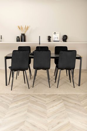 Venture Home - Spisegruppe Pelle med 6 spisebordsstole Windu Lyx - Sort - Spisebordssæt 6 personer - Fra Homeroom