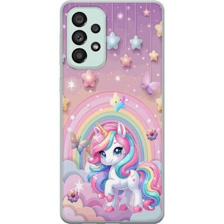 Kompatibel Mobilcover til Samsung Galaxy A73 5G Magisk enhjørning med regnbue manke, stjerner og sommerfugle mod en pastelfarvet himmel med skyer