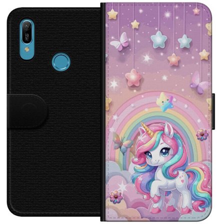 Kompatibelt Lommeboketui til Huawei Y6 (2019) Magisk enhjørning med regnbue manke, stjerner og sommerfugler mot en pastellhimmel med skyer