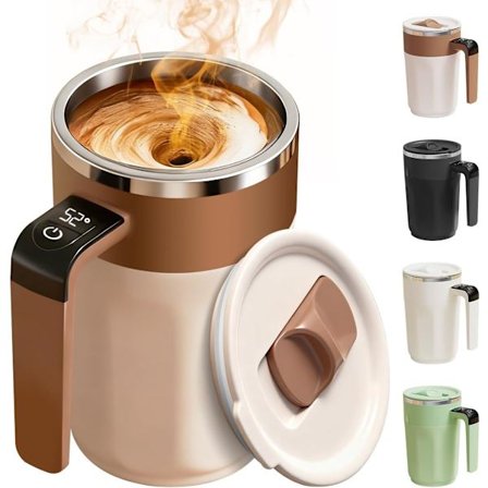 Automatisk selvrørende kaffekrus med temperaturvisning, genopladeligt og lavet af rustfrit stål med låg. Velegnet til kaffe og mælk, brun
